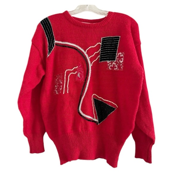 GLITZ by UNIT (Vtg)Red Knit Abstract Sequin 80s Geometric Beads Sweater-Size Med - Picture 1 of 6